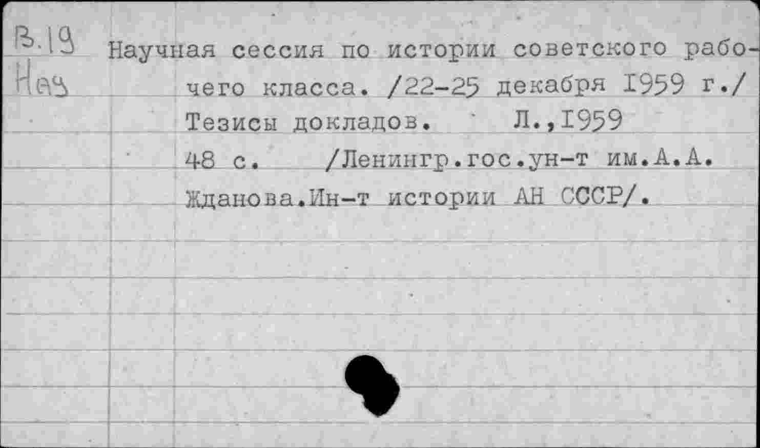 ﻿	1 Научная сессия по истории советского рабочего класса. /22-25 декабря 1959 г./ Тезисы докладов.	Л.,1959	
		48 с.	/Ленингр.гос.ун-т им.А.А.
		Жданова.Ин-т истории АН СССР/.
		
		
		
		
		
		
		